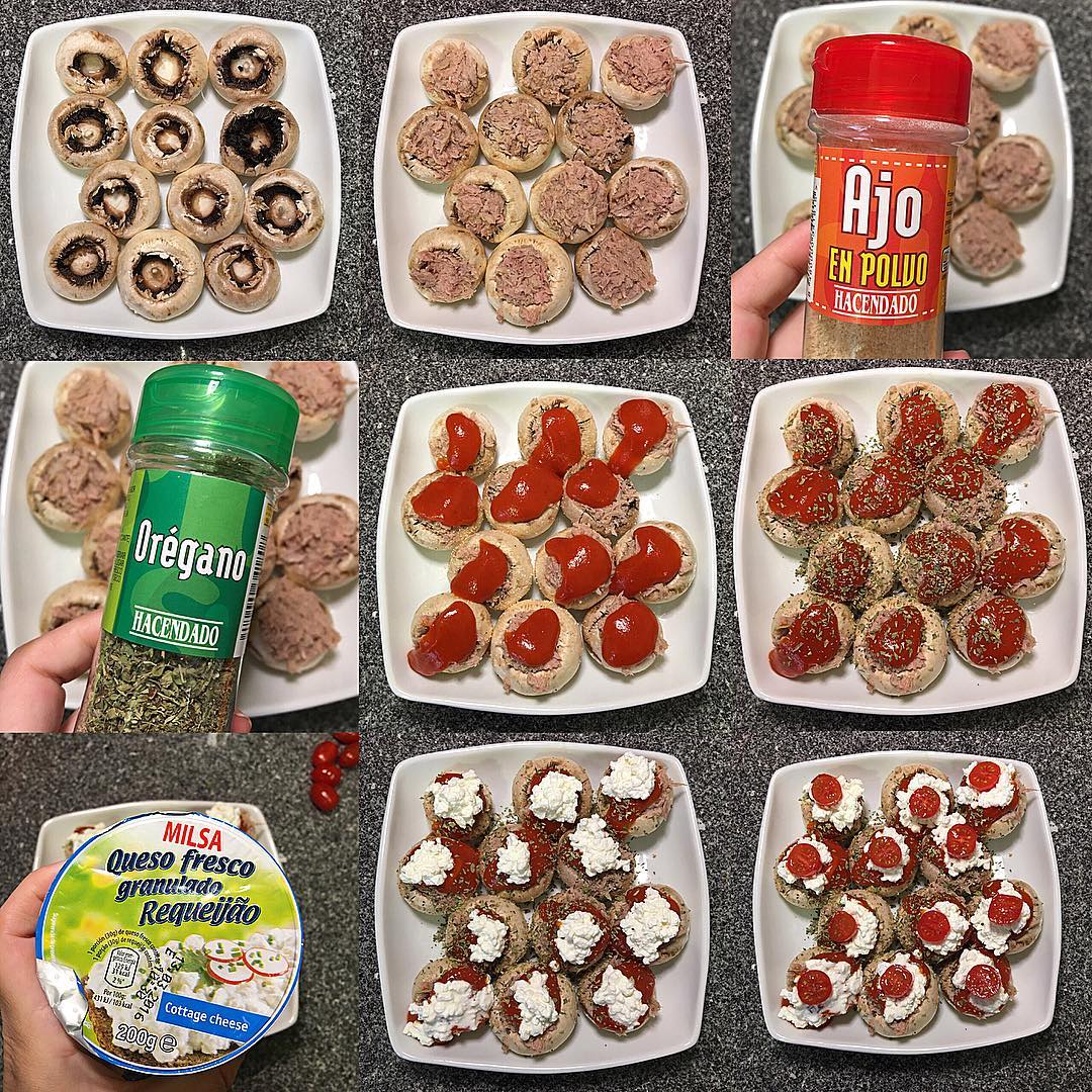 Champiñones rellenos de atún al microondas