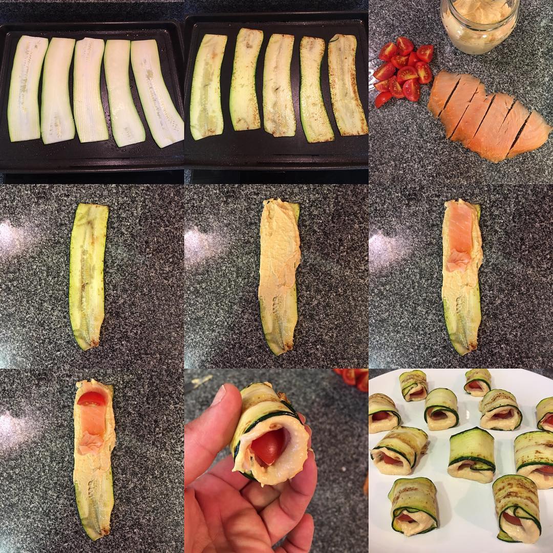 Rollitos de calabacín rellenos de hummus de pimiento asado y salmón ahumado
