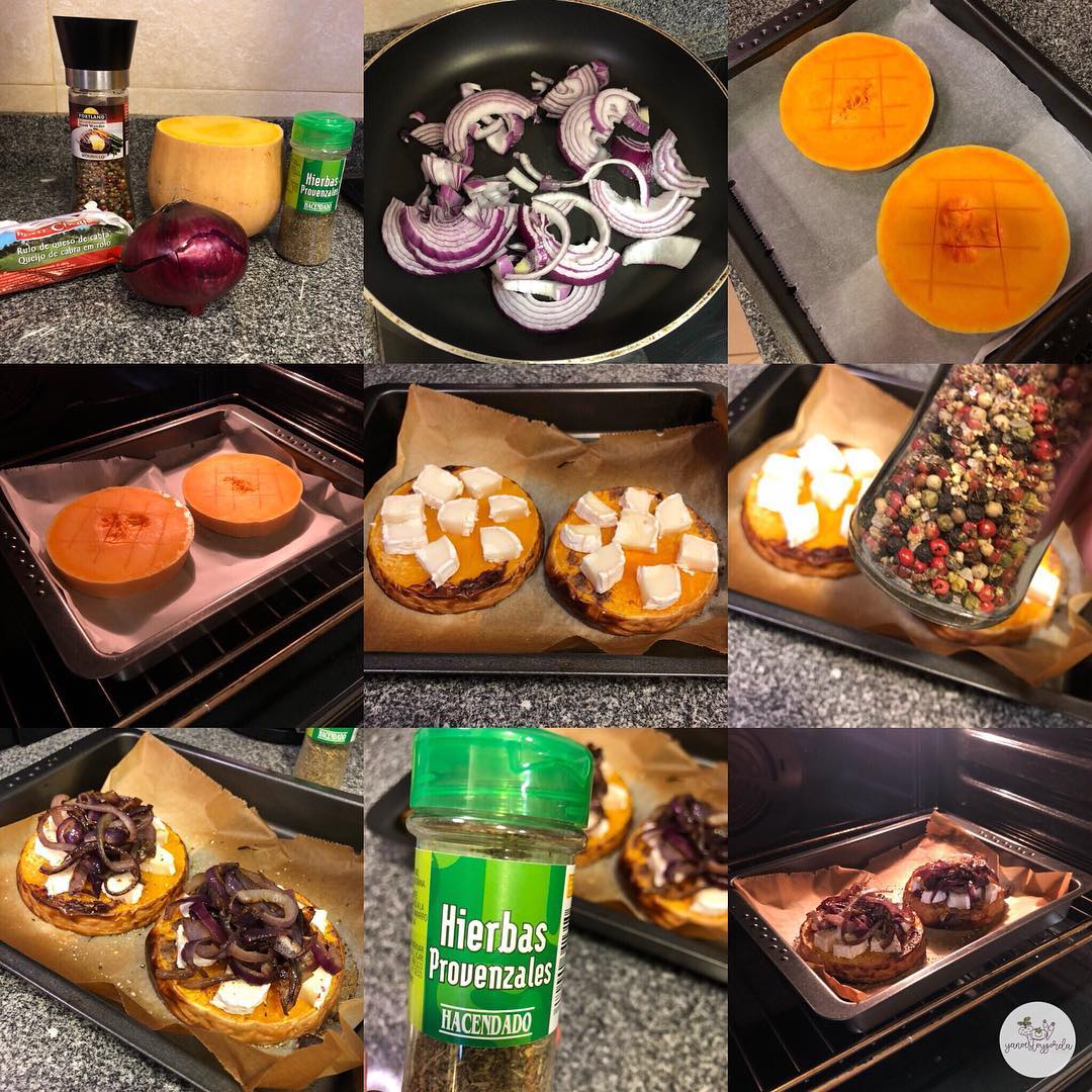 Calabaza asada con queso de cabra y cebolla morada