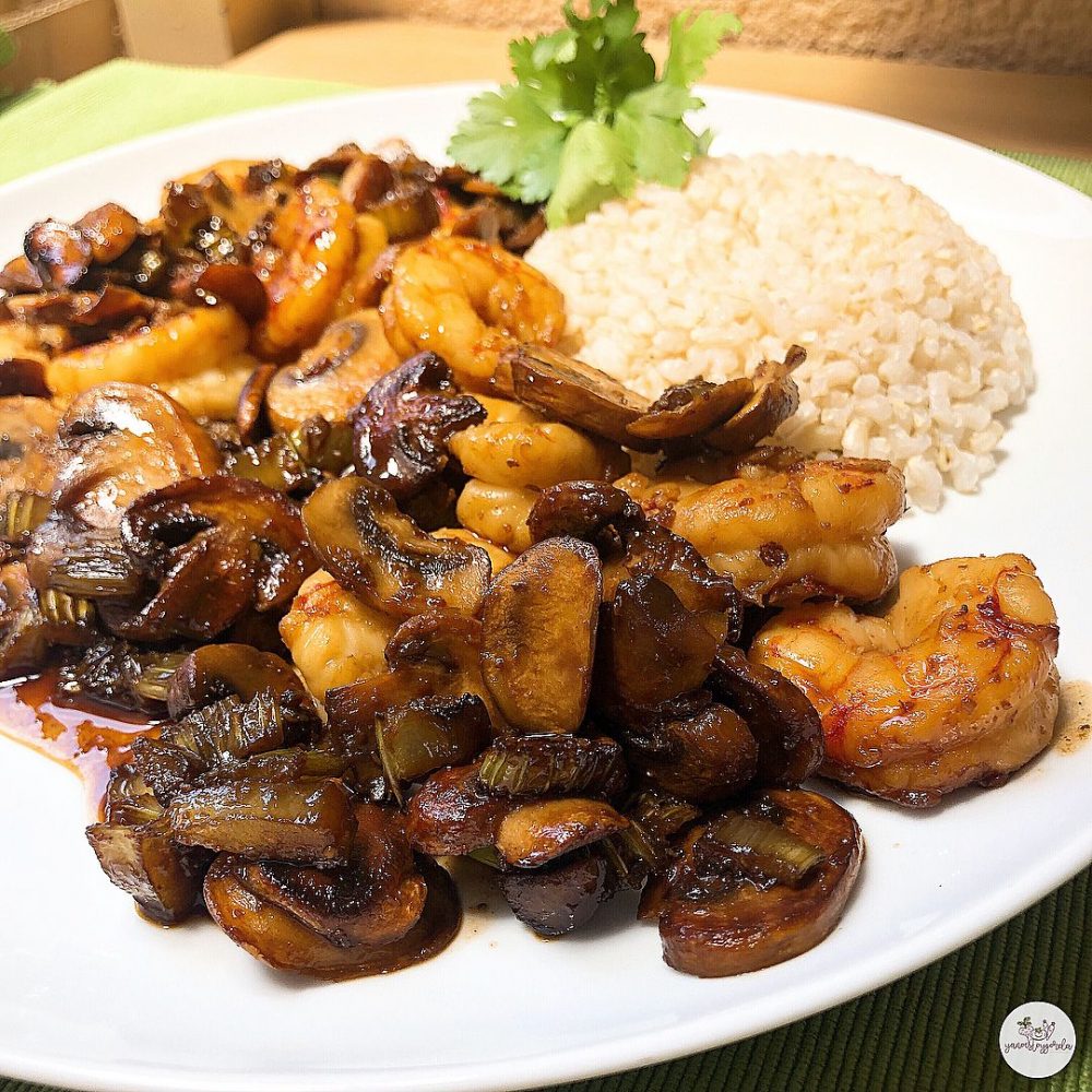 Gambones con champiñones a la soja