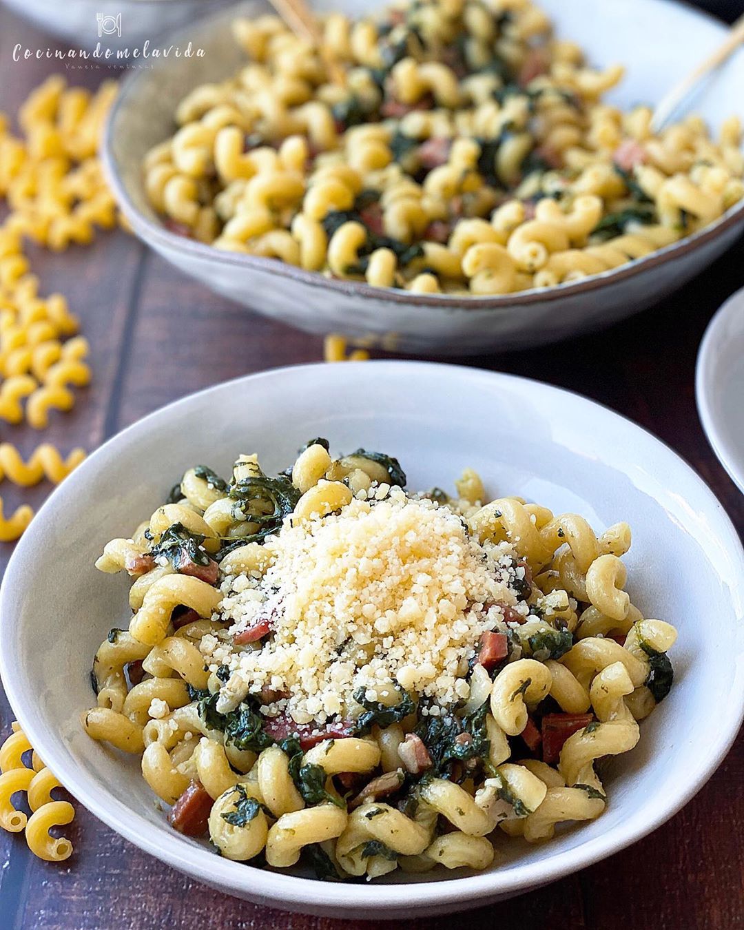 pasta con espinacas y jamón