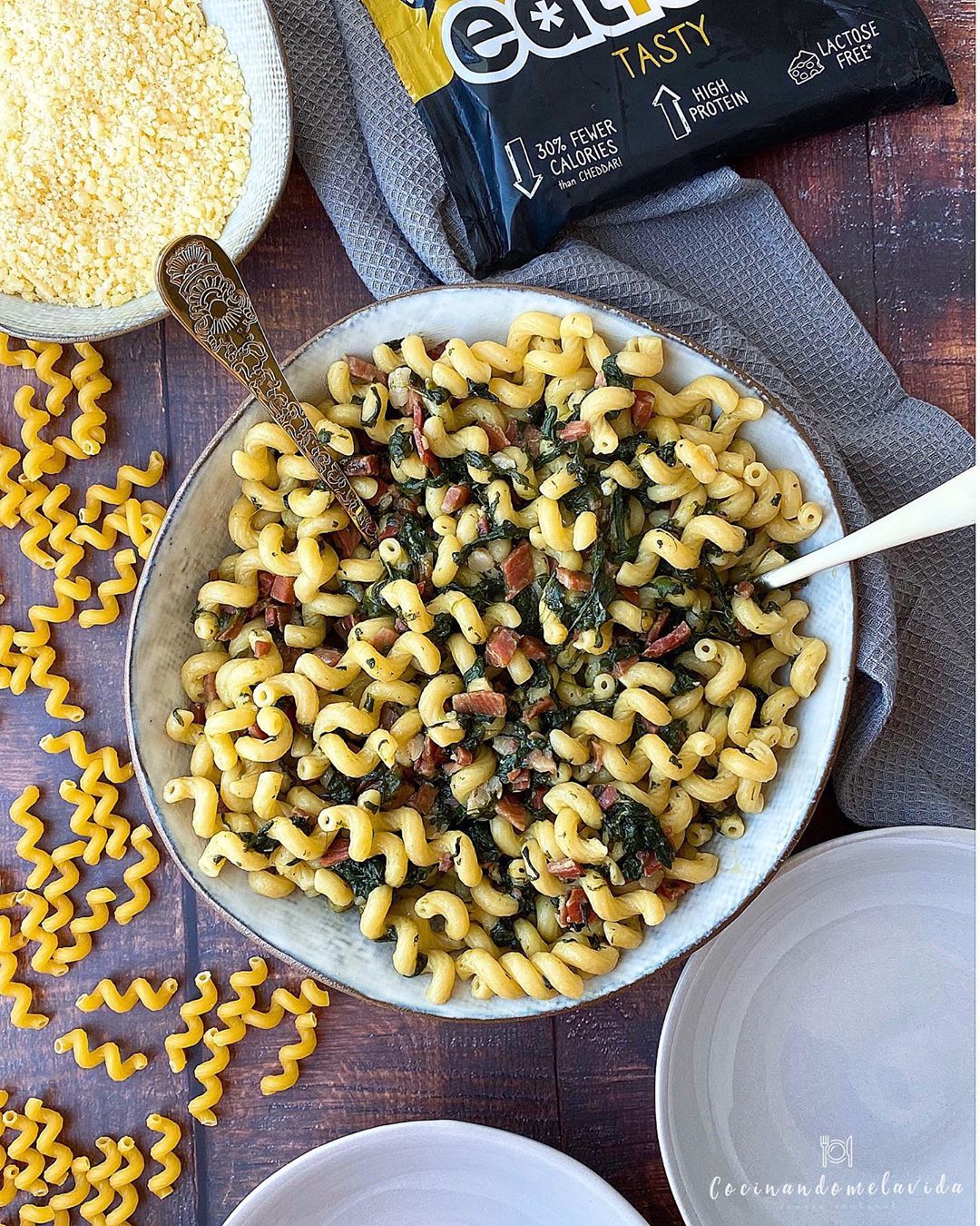 pasta con espinacas y jamón