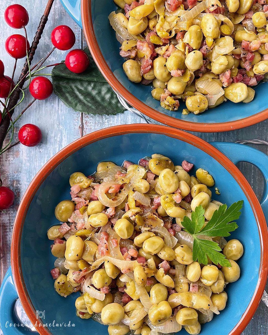 HABITAS CON CEBOLLA Y JAMÓN