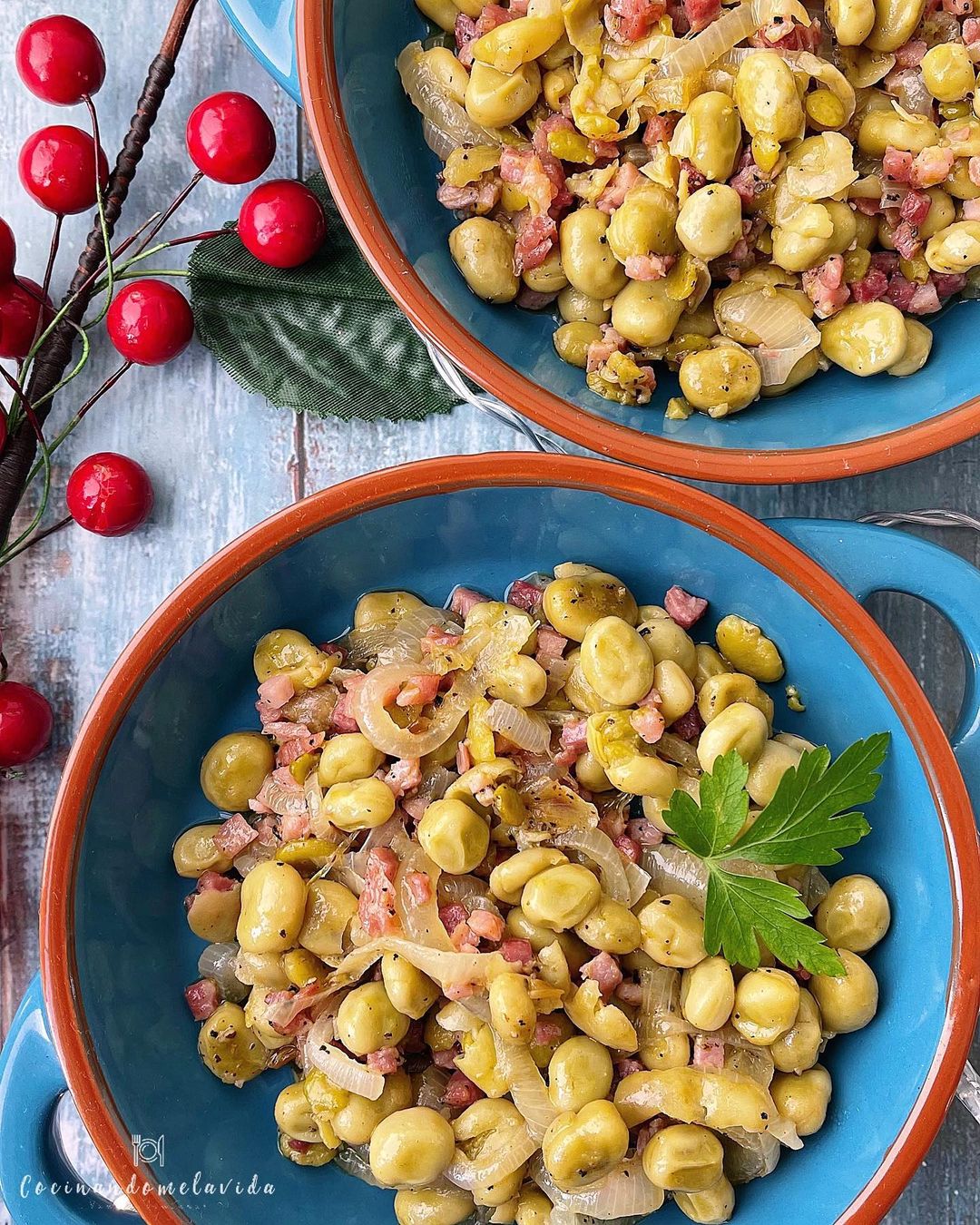 habitas con cebolla y jamón