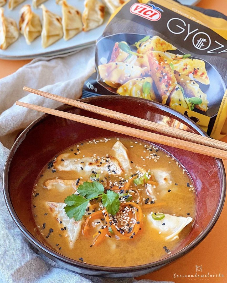 CALDO DE CARNE CON VERDURAS Y GYOZAS DE POLLO